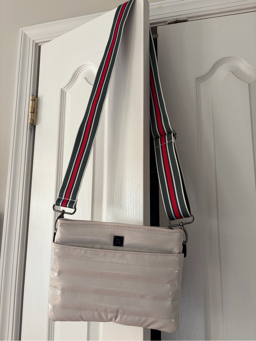 Think Royln White Crossbody Messenger Bag with Striped Adjustable Strap